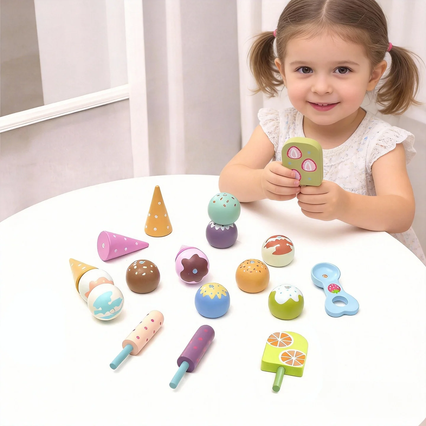 Children's Macaroon Wooden Play Food Ice Cream Cone Popsicle Stick Toy 3-6 Year Olds Unisex Logical Thinking Parent-Child