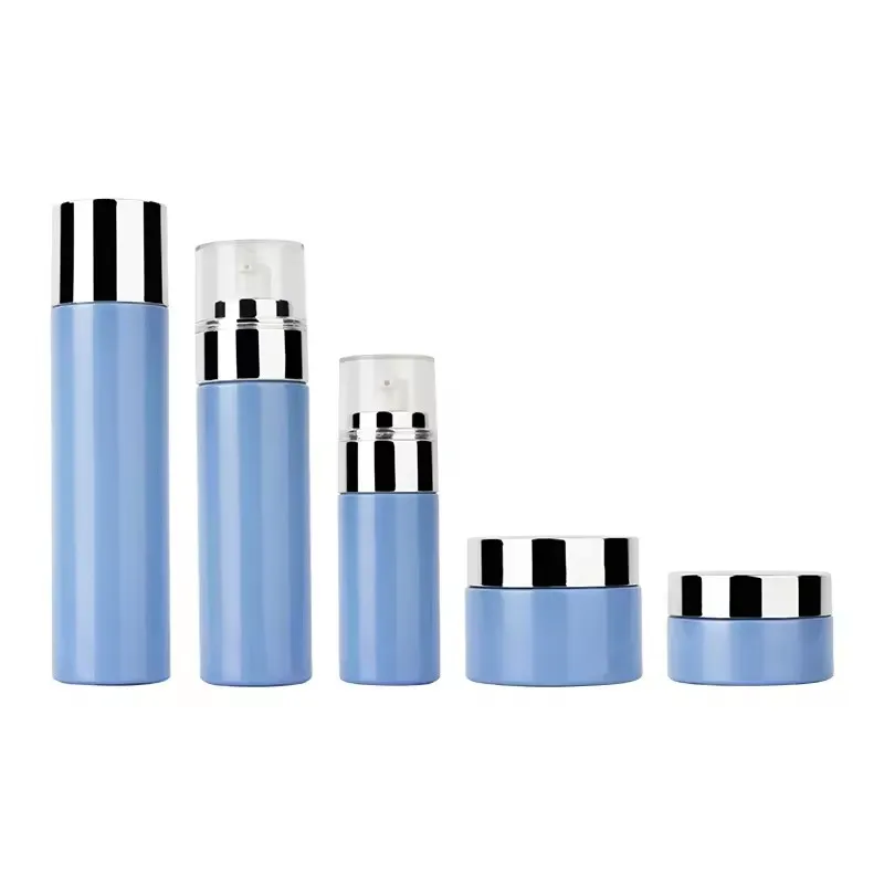 Blue Empty Cosmetics Cream Containers Set Skincare Glass pump Spray Lotion Bottle With Silver Cap 30g50g40ml100ml120ml