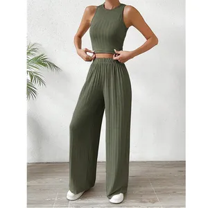 High Quality Autumn Fashion Custom Solid Color Women's Knit Ribbed Crop Top Pant Set 2 Piece Pants Set Women