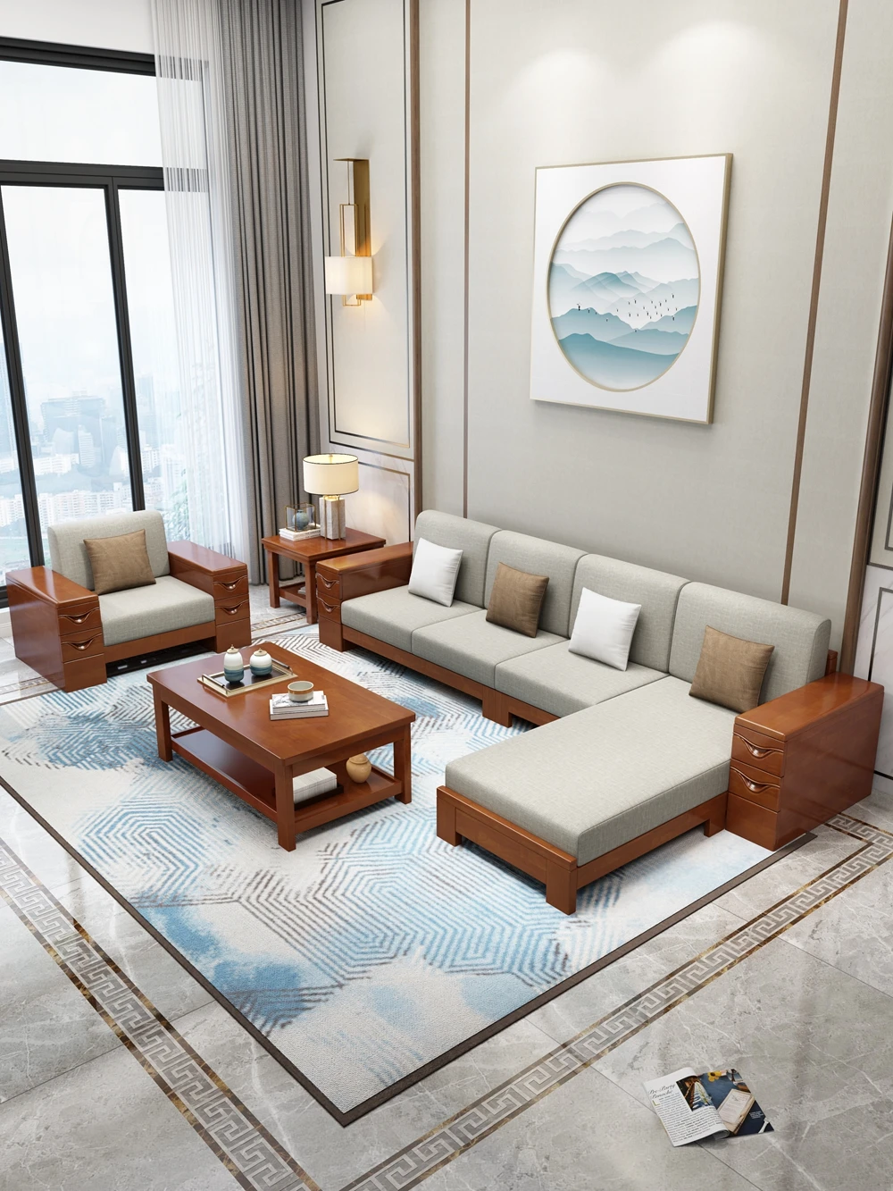 Modern Minimalist Living Room Solid Wood Sofa Combination Fabric ...