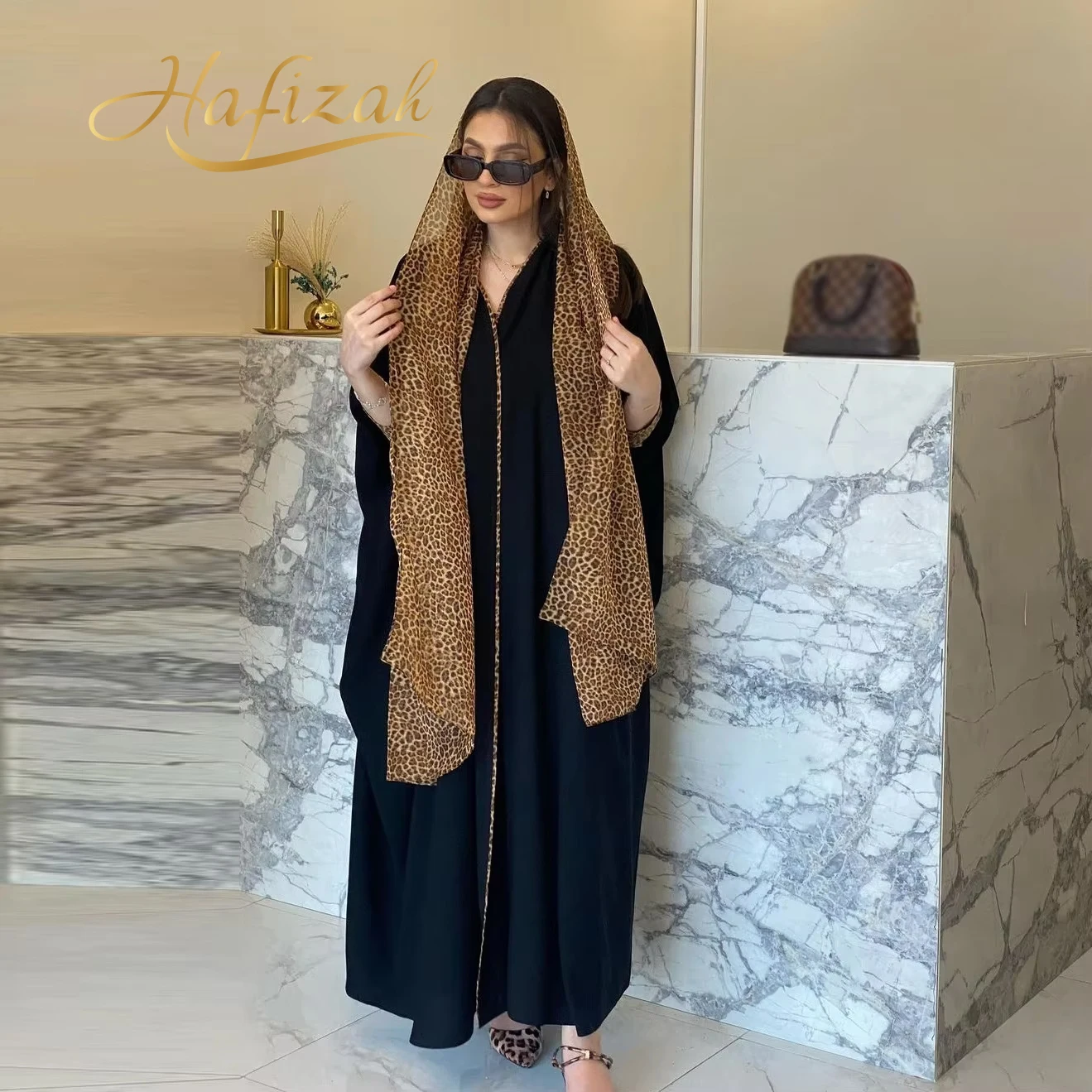 Hafizah 2026 Dubai Luxury Black Leopard Print Muslim Open Abaya