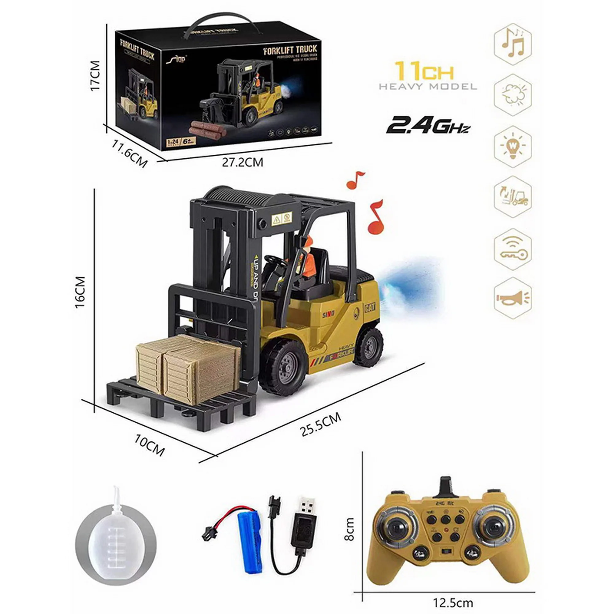 2.4ghz Remote Control Forklift Toys Rc Forklift Truck With Spray Cool Lights & Sound 11ch