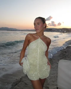 Chic Evening Club Women's Sexy Slim Halter Mini Dress Shiny Beading Sleeveless Backless for Party