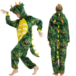 Flannel Animal Pajamas Dinosaur Tiger Cartoon Fluffy Home Wear for Men and Women Adult With Hooded