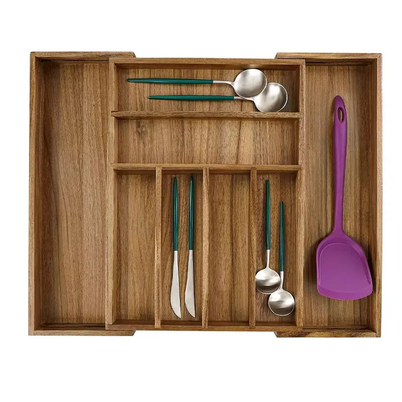 product expandable cutlery tray acacia wood silverware kitchen silverware wooden drawer organizer kitchen utensil tray storage holder-7