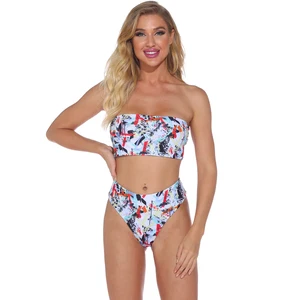 No Shoulder Off-the-Shoulder Floral Print Two Piece Bikini Set with Front Logo Thong Swimsuit for Women