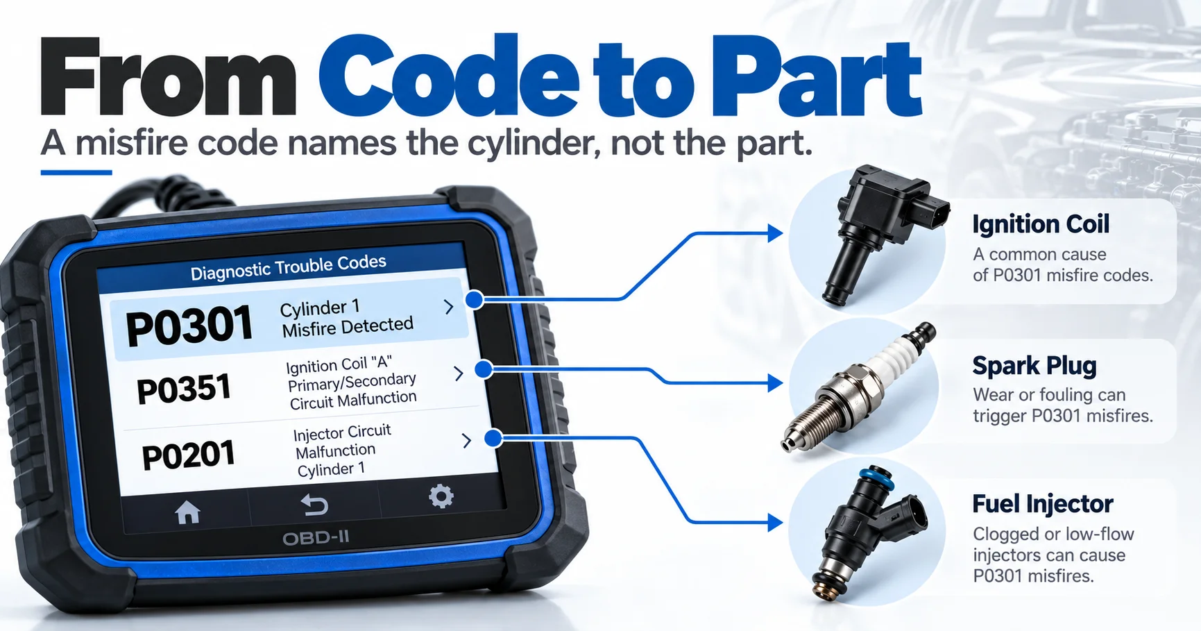 Misfire diagnostic codes mapped to ignition coil, spark plug and fuel injector stock for auto parts importers