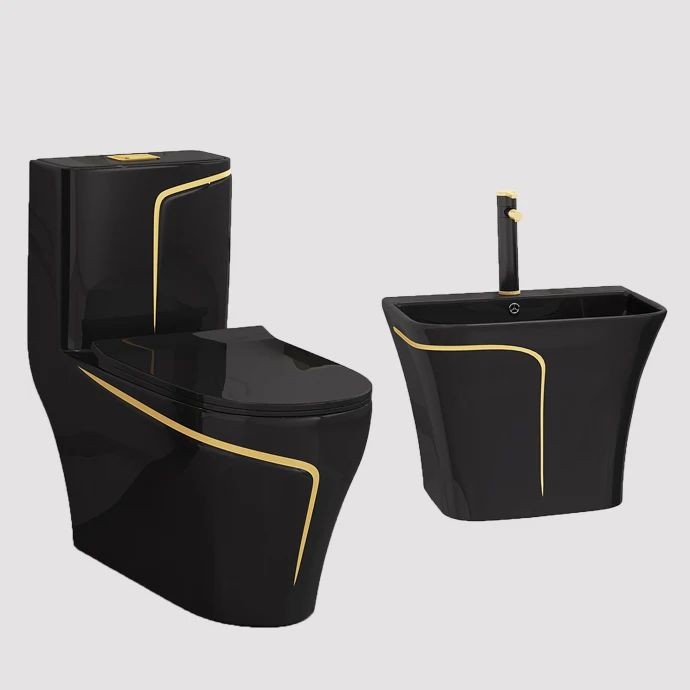 Luxury Sanitary One Piece Commode Black Gold Bathroom Toilet And Basin Floor Mounted Colored Toilet Bowl Black Toilet Set