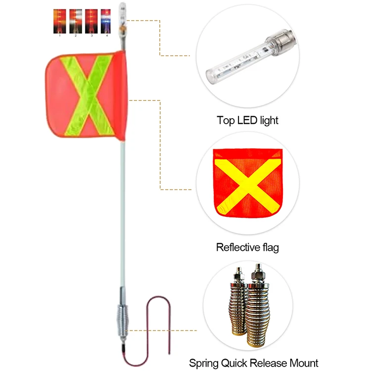 8 Ft/ 10ft / 12ft Spring Quick Release Mount Mine Heavy Duty Lighted Led Check Safety Mining Whips Flag Pole Kit Light