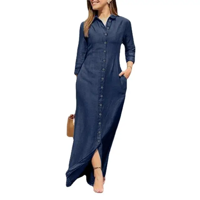 408 denim long button cuff jean dress long sleeve women casual dress women's clothing plus size clothing modest casual dress