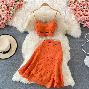 Wholesale 2026 Seaside Vacation Suit Summer New Backless Short Tube Top Sling Top High Waist Ruffle Skirt Women's Sets