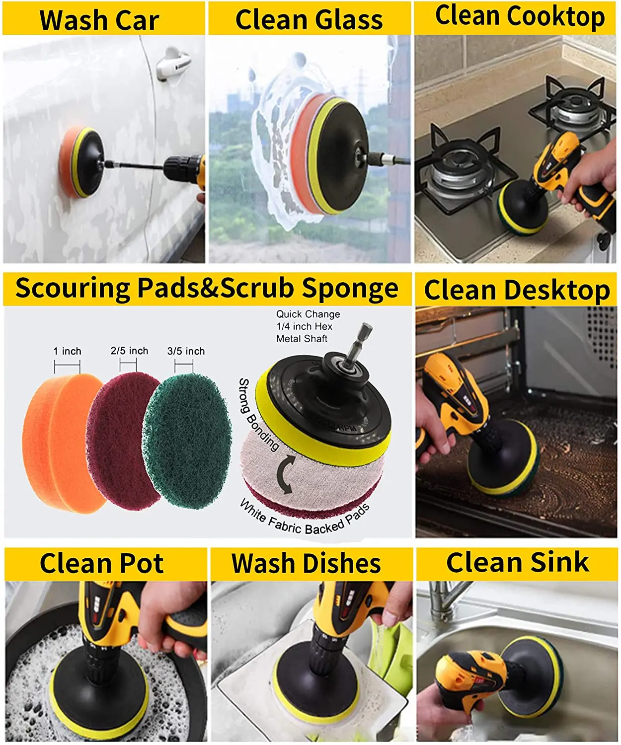 8 Piece Power Scrubber Drill Bit Kit Power Drill Scrubbing Brushes All