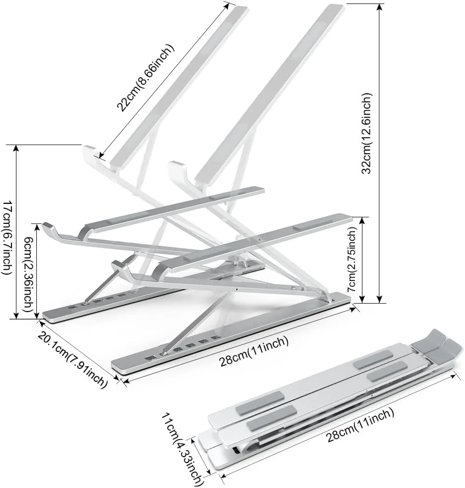 Double 7-Level Adjustable Portable Aluminum Laptop Stand Suitable for Laptops and Tablets Ranging From 10 Inches to 17 Inches.