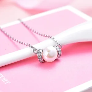 Rhodium Plated 925 Sterling Silver Pendant Necklace | Natural Freshwater Pearl with Cubic Zirconia Accents | Adjustable Length