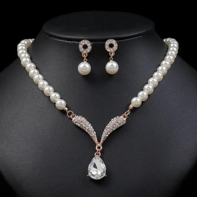 Fashion Two Piece Womens Korean Vintage Wedding Silver Plated Beads Pearl Teardrop Necklace And Earrings Jewelry Set For Bride
