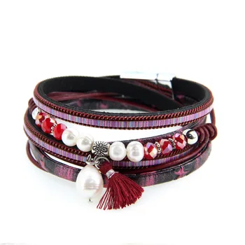 Multilayer Tassel Leather Bracelet Hand Magnet Clasp Pearl Tassel Charm Wrap Bracelet For Women