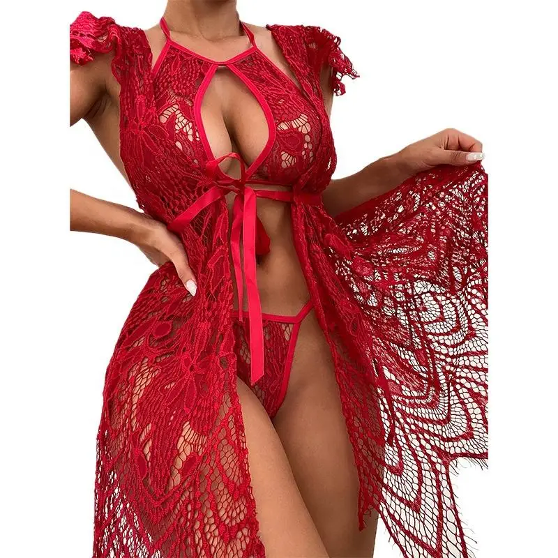 Bata larga de encaje sexy mesh camisón para mujer ropa de dormir_voghion.com