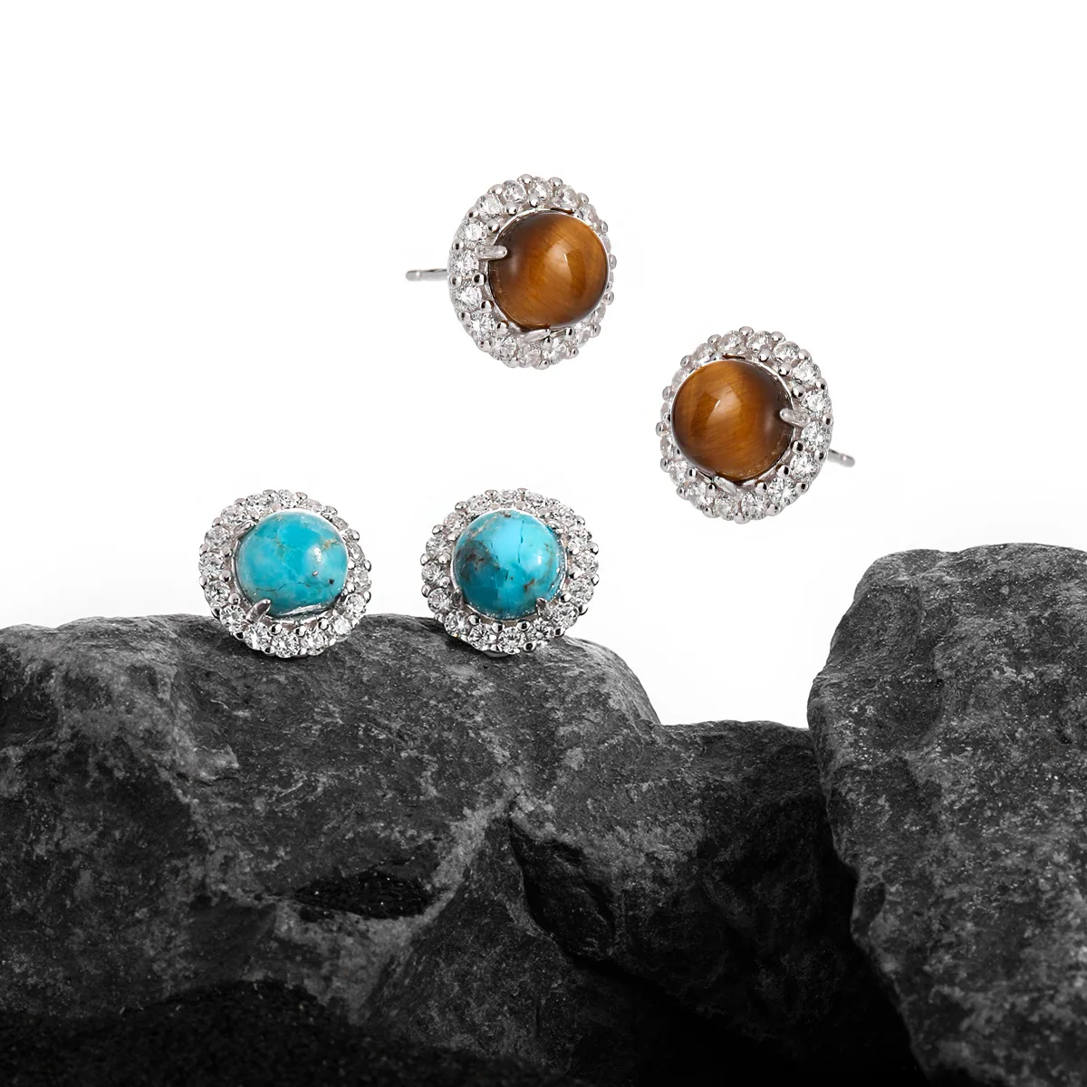 Small Niche Design Ins Light Luxury High-end Temperament Round Full Diamond Inlaid Natural Turquoise S925 Pure Silver Earrings