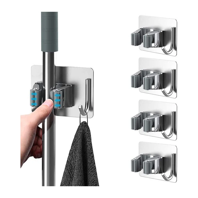 CUSTOM OEM Double Clip Mop Holder Wall Mount Space-Saving Stainless Steel Mop and Broom Holder with Hook Silver