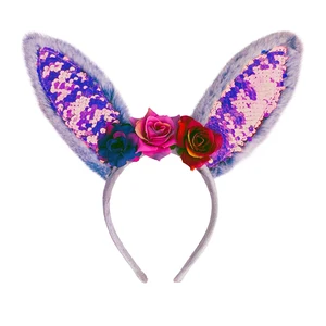 Dream Party Children Bunny Ear Headband Polyester Sequin Floral Design Girls Hair Accessory Halloween Christmas Party Cosplay