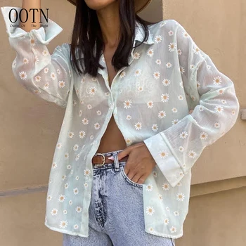 OOTN Long Sleeve Casual Female Crepe Tops Women Spring Summer 2022 Ladies Printing Shirts Chic Transparent Floral Blouse