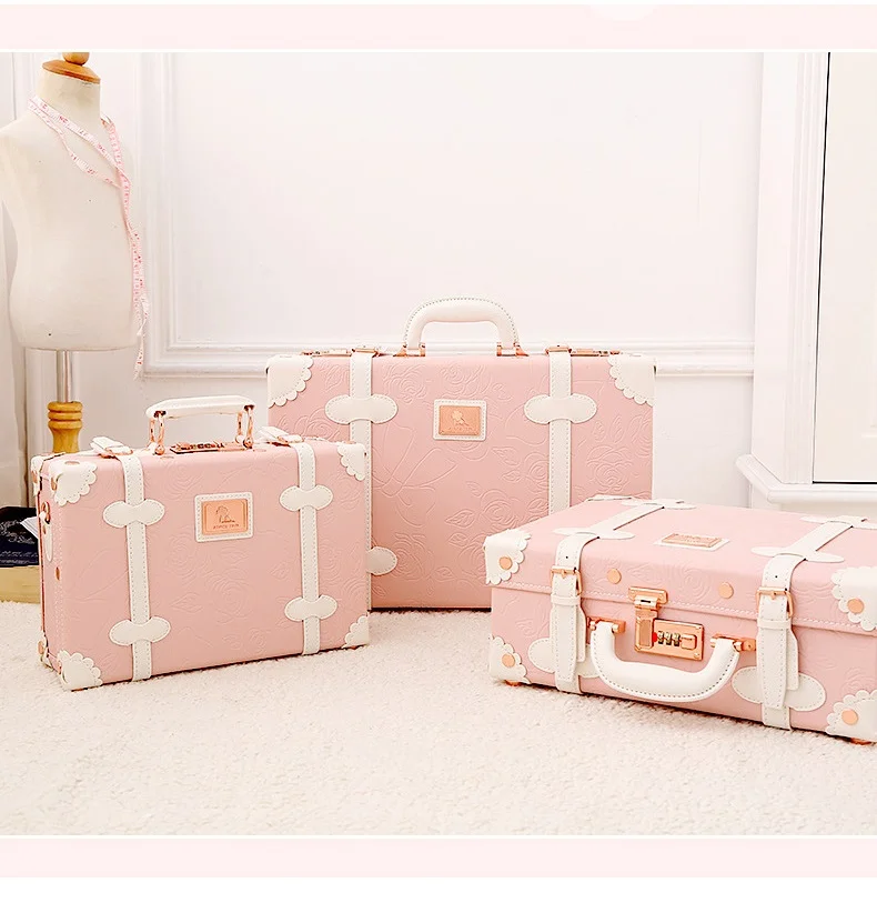 Handmade 18-Inch Retro Lock Handle Suitcase Vintage Pink PU Leather Travel Bag with Straps