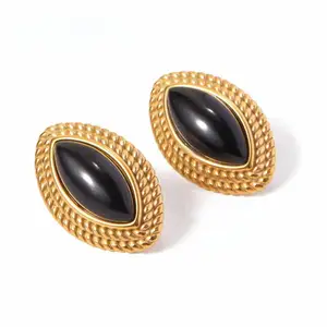 Women's Vintage Stainless Steel 18k Gold Plated Black Agate Statement Earrings Trendy Oval Stud Design