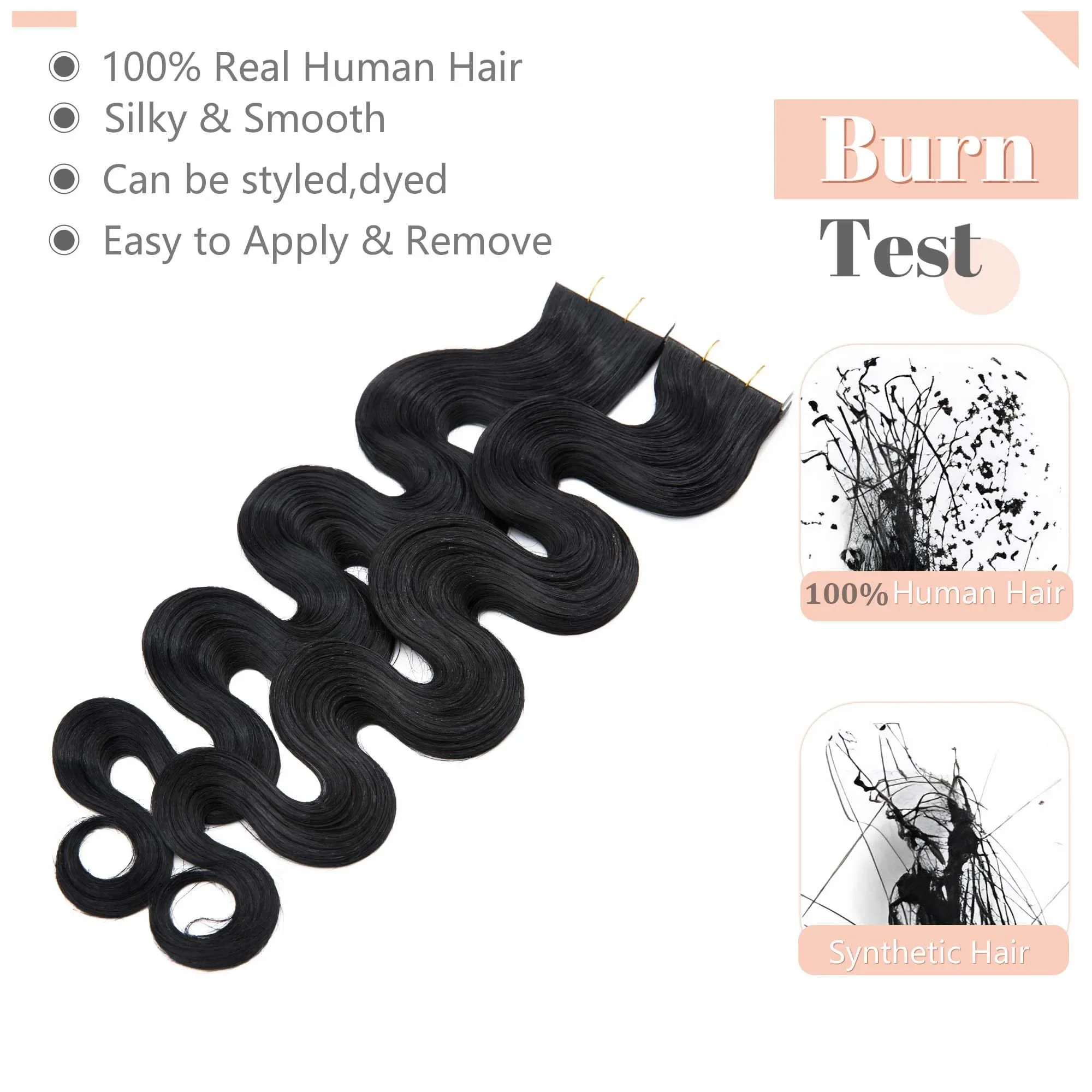 Fita em extensões de cabelo humano onda do corpo brasileiro natural preto #1B cabelo remy pele sem costura trama_voghion.com