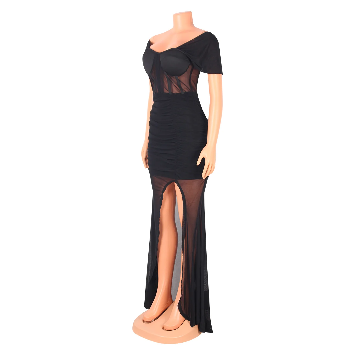 OS6181 Spring summer hot style mesh sheer dress Long Cami Full Slip Dress plus size slim mesh patchwork Gauze Dress