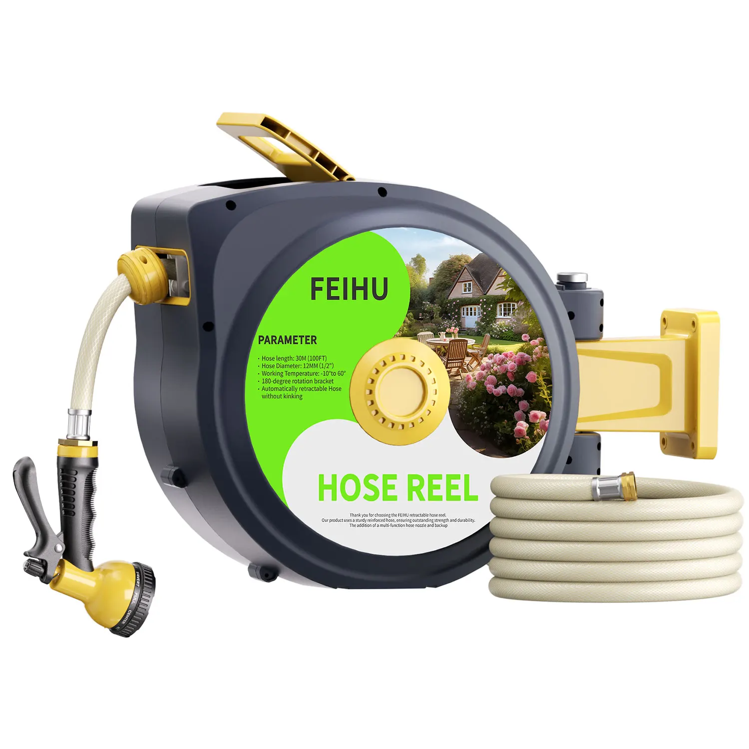 FEIHU Wholesale Portable 100FT Water Hose Reel With Reel Set Car Washing Garden Pipe Wall Water Hose Reel