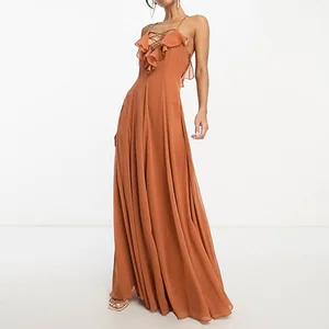 New Vintage Arrival Women's Plunge Neck Lace up Ruffle Front Backless and Tie Back Rust Cami Maxi Dress
