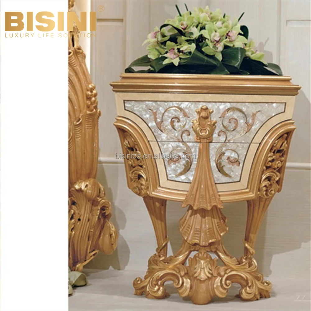 Luxury Italy Rococo Style Carved Wood Exquisite Handcrafted Shell Parquet Nightstand Villa Bedroom Furniture Night Table