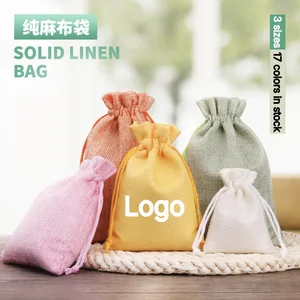 Custom Logo Print Solid Color Linen Packaging Bag Reusable Small Drawstring Jute Jewelry Pouch Wig Rings Gift Storage Gift Bags