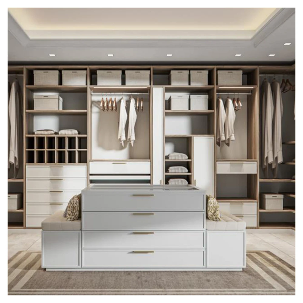 Custom Walk In Bedroom Large Space Wardrobe Solid Wood Clothes Storage Closet with Multifunctional Island