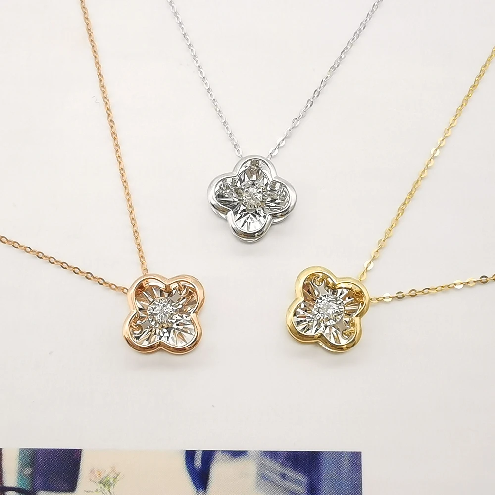 Newest Design 18K Genuine Gold Clover Necklace 18K Dancing Diamond Real Gold Necklace Wholesale Drop Shipping