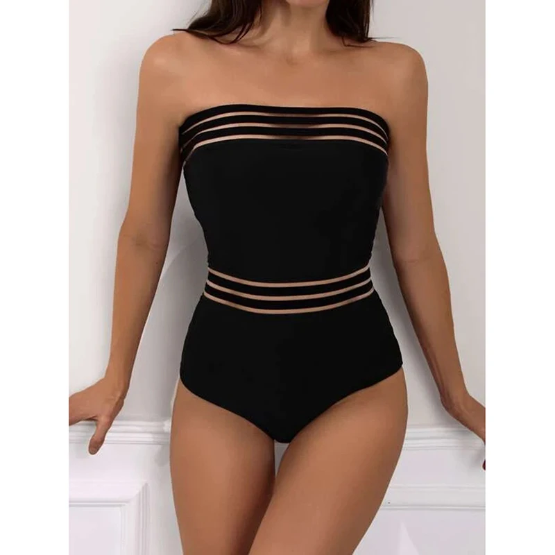 Women Solid Color Bathing Suits Swimsuit Beachwear Mesh Swimwear Vintage One Piece Bikini 2023