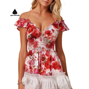 Summer Vintage High Waist Mini Dress for Ladies Sleeveless Slash Neck Floral A-Line Print Empire Waistline Chiffon Retro Dress