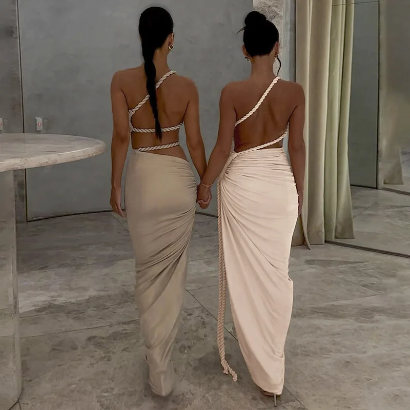 slash neck backless dress New Design One Shoulder Pleated Sleeveless Crop Slit Midi Women Sexy Train length:Sweep train - just a hint of a train length gowns Clean fabric-luxe-rib Francoise | Black Cowl