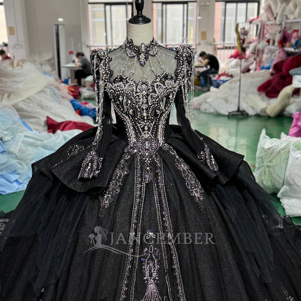 black and gold quince dress Rachel Allan RQ2230 - Long Tulle, Glitter Tulle, Crystal Satin Ballgown this quince ball gown dazzles. Black Quinceanera Dresses Couture