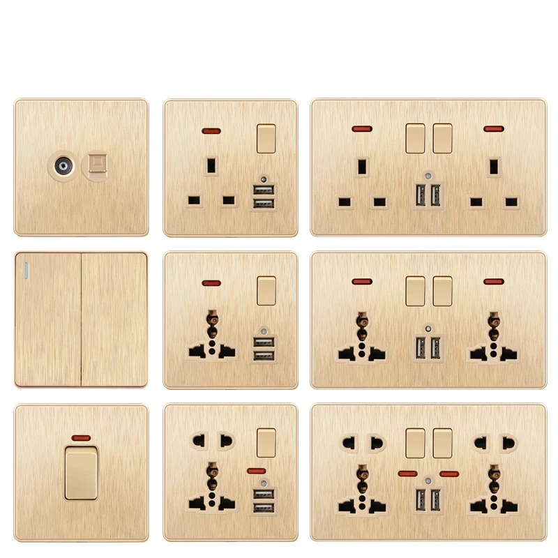 Universal 3 Pin LED Indicator Wall Socket Gold Single Double Switch Socket 13A 250V Drawing USB Power Outlet