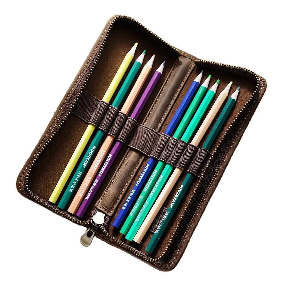 European and American retro top leather pencil case square zipper leather creative pencil case