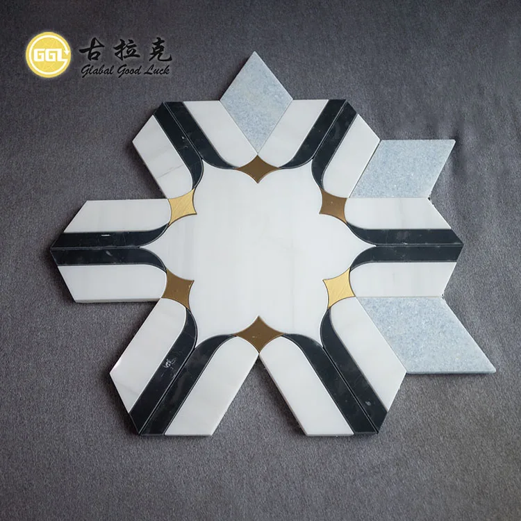 Water Jet Black and White Flower Shaped Marble Mosaic Tile Mix Brass Natural Marble Mosaic for Kitchen Splash Tile