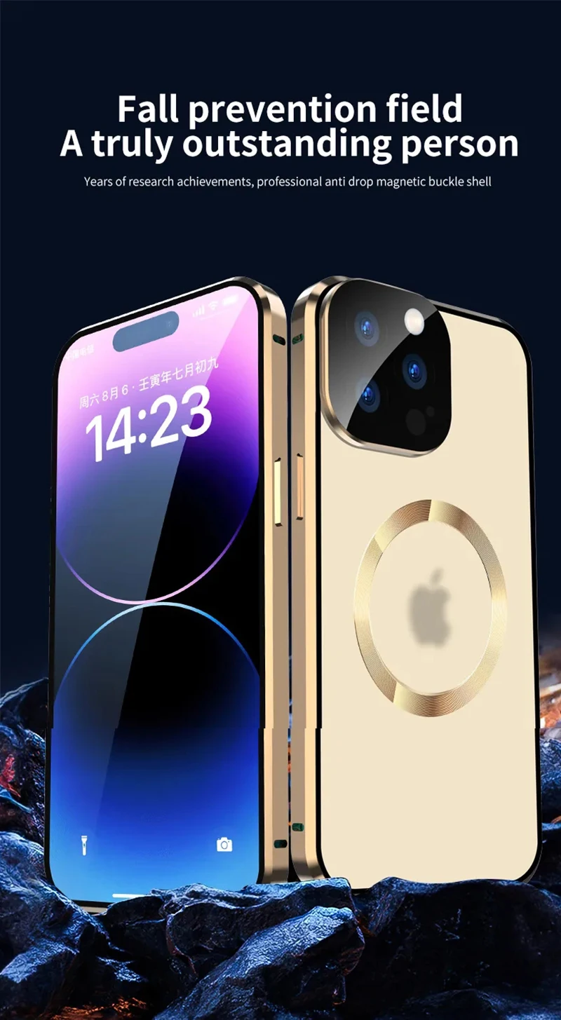 Magnetic Transparent Aluminum Alloy Frame Double-sided HD Glass Wireless Charging Phone Case for iPhone 15 14 13 Pro