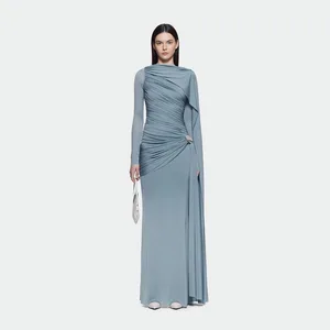 In Stock Simple Slim-Fit Pleated Asymmetric Dress Long Sleeve Empire Waistline Formal Ribbon Long Knitted Shirring Party Dress