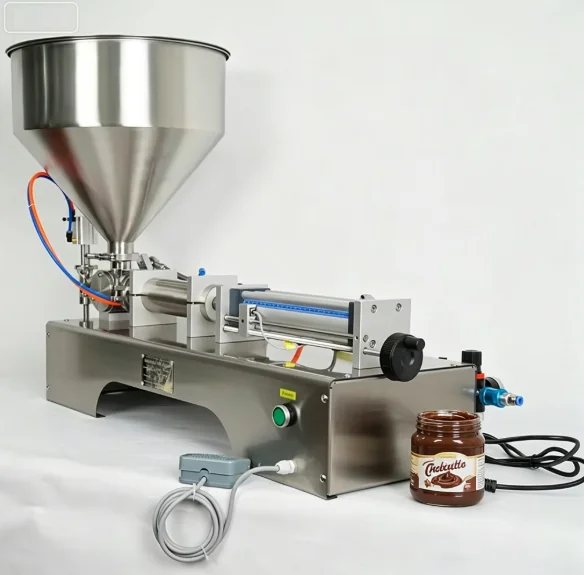 TEBAK the Filling Machine Can Be Equipped with a Conveyor Belt and Is Used for Filling Fruit Juice, Chocolate and Peanut Butter.