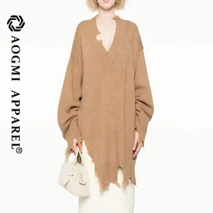 Haute Couture Fashion Ladies Broken-Hole Antique V-neck Sweater 100% Cotton Breathable & Anti-Wrinkle Autumn