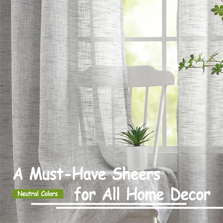 Grey Semi Sheer Curtains Linen Textured Window Panels Light Filtering Rustic Drapes Grommet Top Curtain for Living Room Bedroom