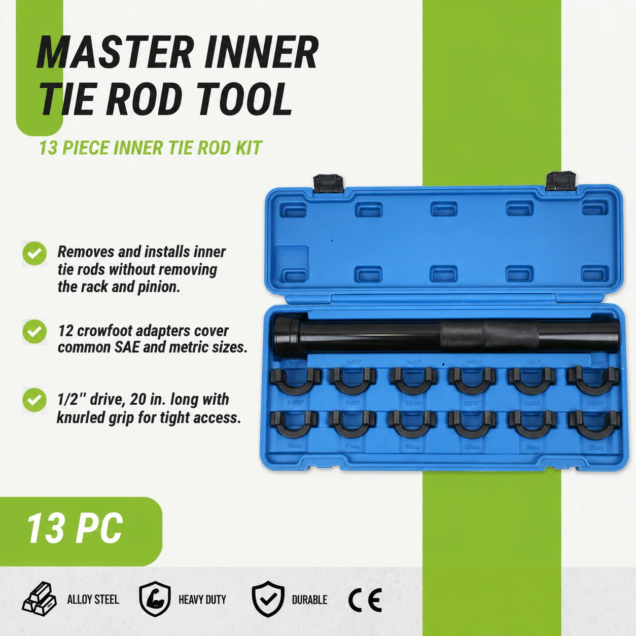 13PC Master Inner Tie Rod Removal Installation Tool Set 1/2 Inch Drive Steering Rack Service Kit with 12 Crowfoot Adapters