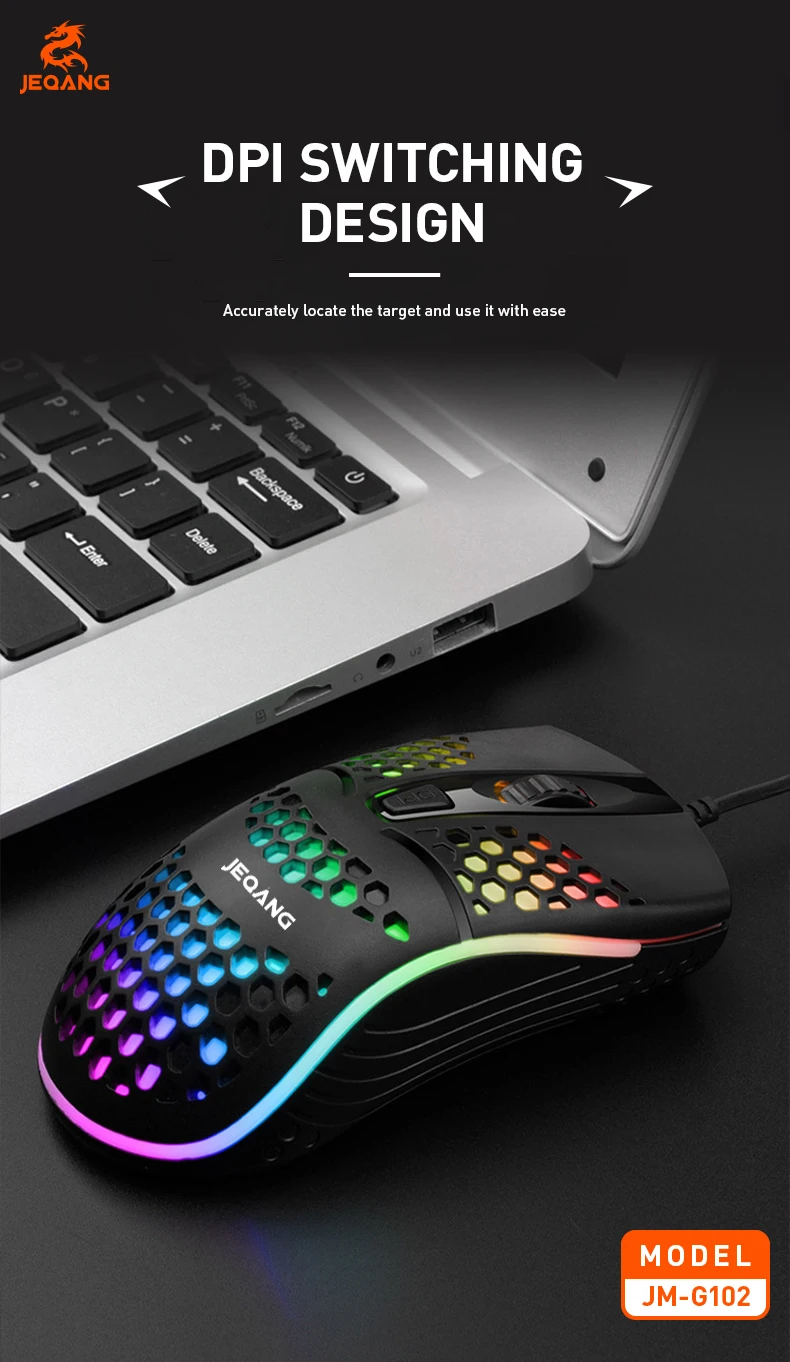 Jeqang RGB Backlit Optical Mouse with 1.5m USB 3D Engraving Roller Cavity Design Mini Gaming Style for Gamers PC Laptops