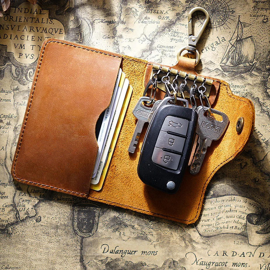Ihreesy Genuine Cowhide Leather Key Holder Wallet - Vintage Brown, Holds 6 Keys, Cards & Cash - View #6